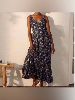 Boden Navy and Gold Palm Print Maxi Dress